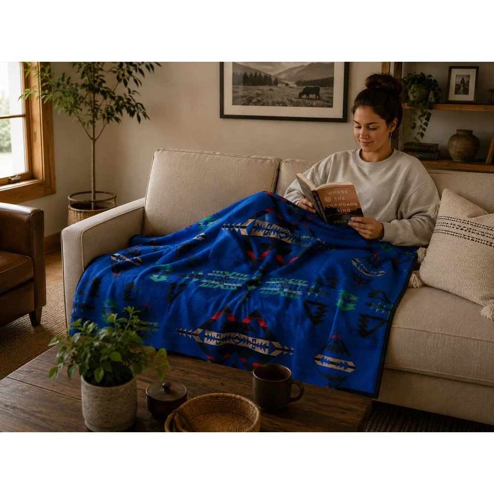 Pendleton Beaver State Wool Blanket Robe Shawl Blue Black Large Good Geometric